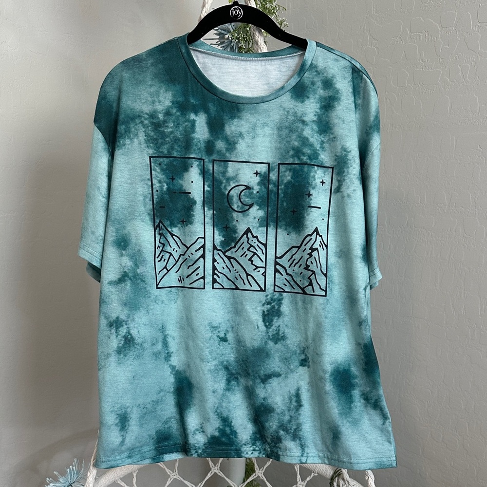 Teal Tie-Dye Mountain Moon Graphic Tee